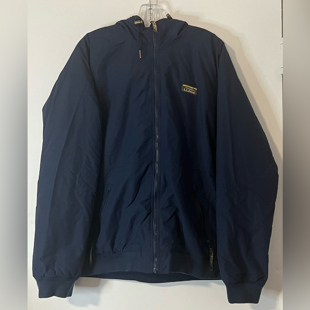 LL Bean Jacket Mens Large Full Zip Hooded Fleece Nylon Coat - Blue